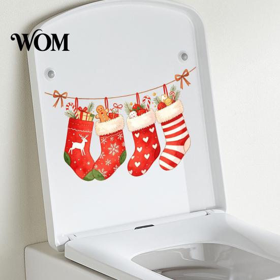 Indoor Outdoor Festive Wall Art Christmas Stocking Toilet Stickers, Waterproof PVC Bathroom Decals for Holiday Home Glass Door Stickers Decoration,