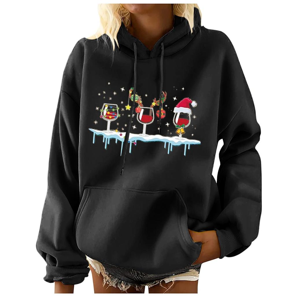 Женская мода для отдыха, рождественской вечеринки, пуловер с длинными рукавами и капюшоном с принтом, топ