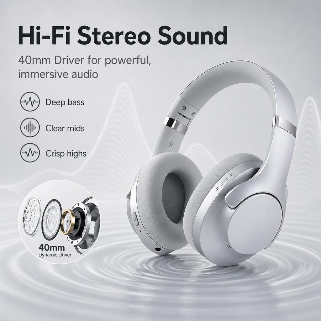 ANC Noise Cancelling Headphones Bluetooth Earphones Over-Ear Wireless Headset HiFi Stereo 50H Playtime 0.04s Latency AUX Call