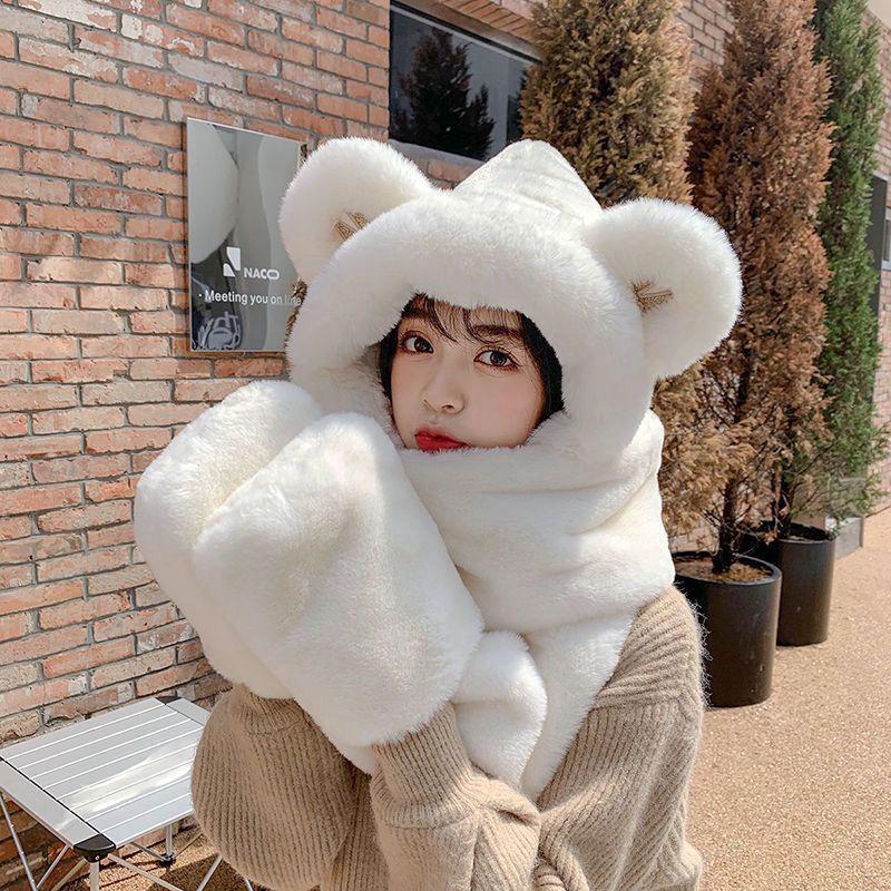 Зимний плюшевый комплект из трех предметов «Уши Микки»: Шапка, шарф и перчатки — толстые и теплые