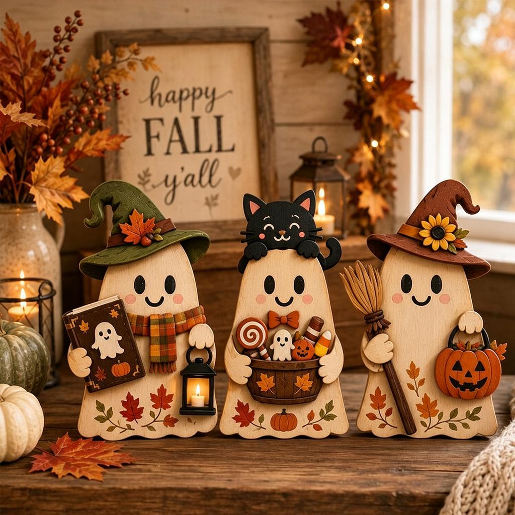 3pcs Wooden Creative Ghost Ornaments Halloween Autumn Theme Home Decor Decoration Crafts