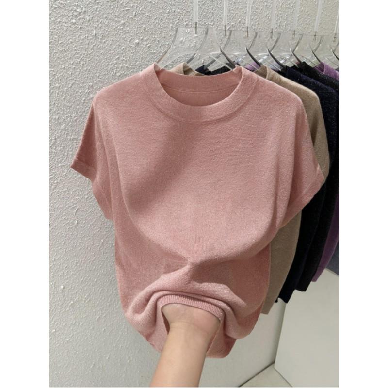 Женская летняя тонкая свободная футболка с круглым вырезом, однотонный трикотажный топ