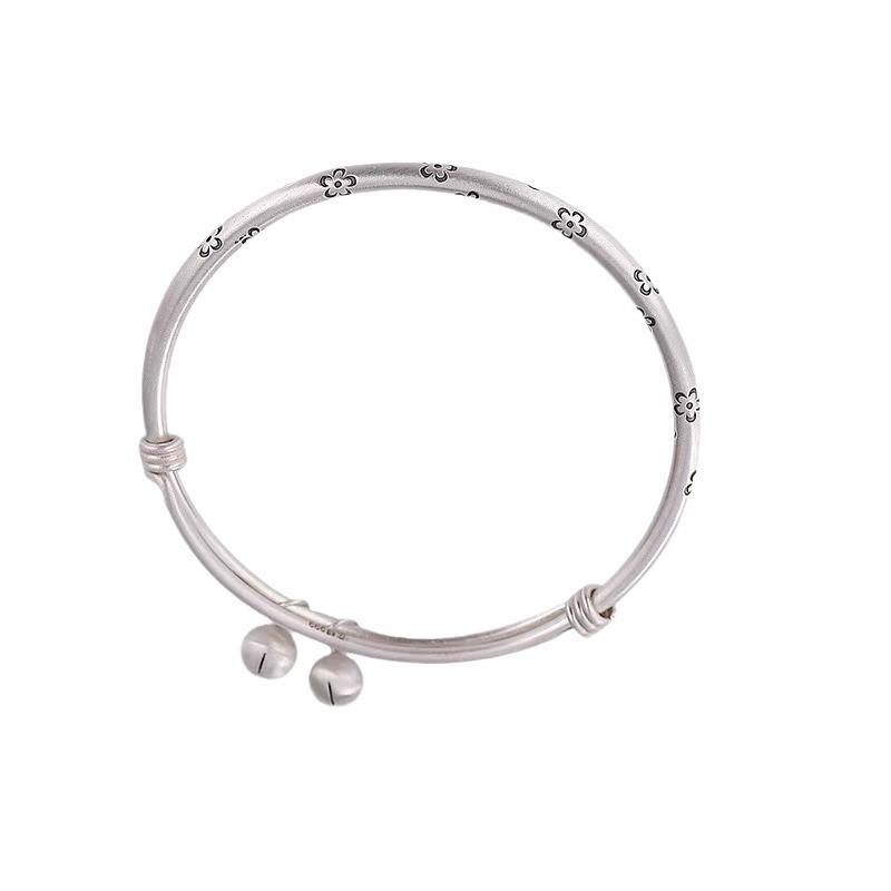 Серебряный браслет S925 пробы в стиле ретро с цветком, женский браслет из стерлингового серебра с колокольчиком, браслет из старинного серебра, пуш-пулл, подарок для девушки и подруги