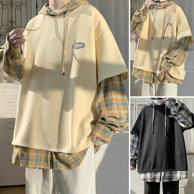 Мужская весенняя рубашка, дышащая искусственная двухсекционная свободная пуловер с длинными рукавами, теплая мужская осенняя рубашка с капюшоном и шнурком средней длины, мужская одежда