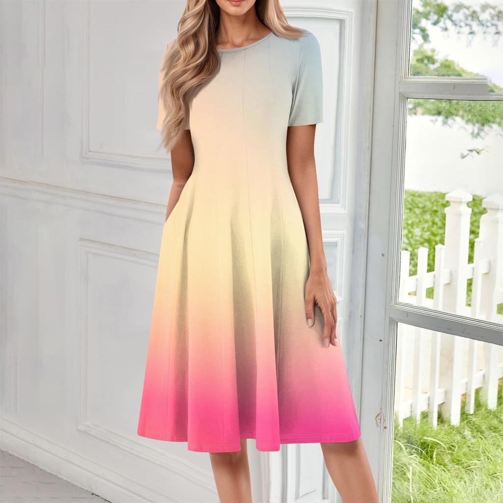 Женское повседневное модное платье с круглым вырезом и коротким рукавом средней длины с градиентом