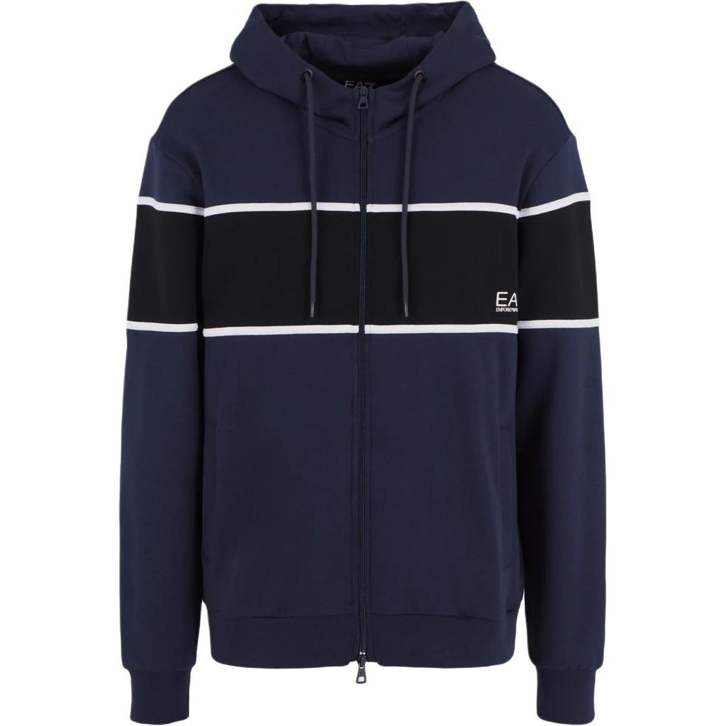 Emporio Armani Мужская толстовка с капюшоном на молнии с длинным рукавом EA7, с принтом логотипа-букв в стиле color block, темно-синяя 6DPM81-PJTKZ-1562