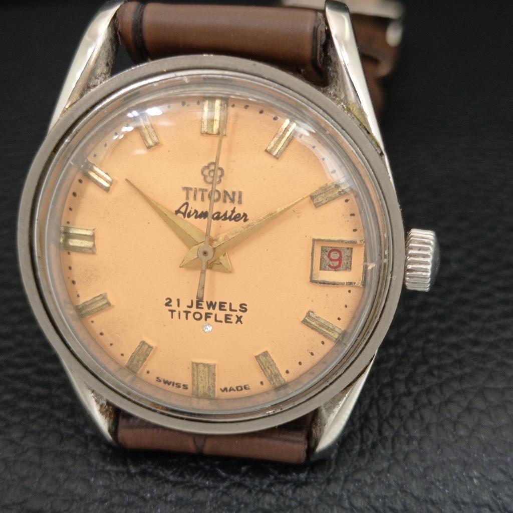 ШВЕЙЦАРСКИЕ ВИНТАЖНЫЕ МУЖСКИЕ ЧАСЫ TITONI AIRMASTER TITOFLEX С РУЧНЫМ ЗАВОДОМ БЕЖЕВЫЕ a705143-1