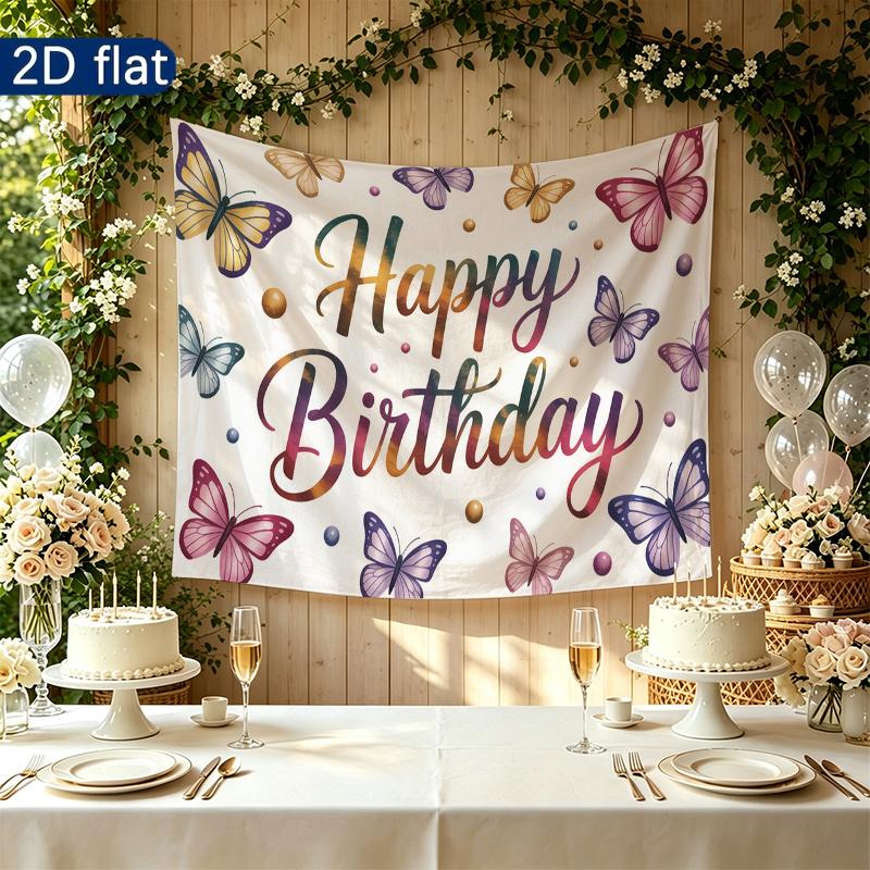 Colorful Butterflies Gifts Birthday Banner, Colorful Polyester Backdrop for Party Decorations