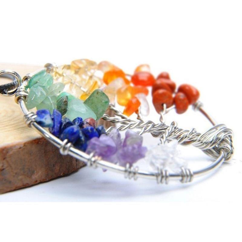 Natural Gemstone 7 Chakra Healing Tree of Life Pendant Necklace Charming