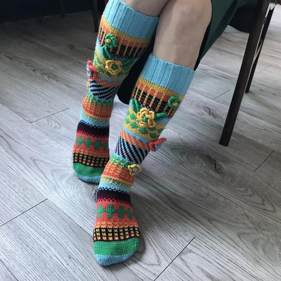 Ретро вязаные гольфы до колена Женские вязаные крючком гольфы до колена с 3D цветами Теплые разноцветные носки Гетры для девочек Ботинки Для дома Уличная одежда