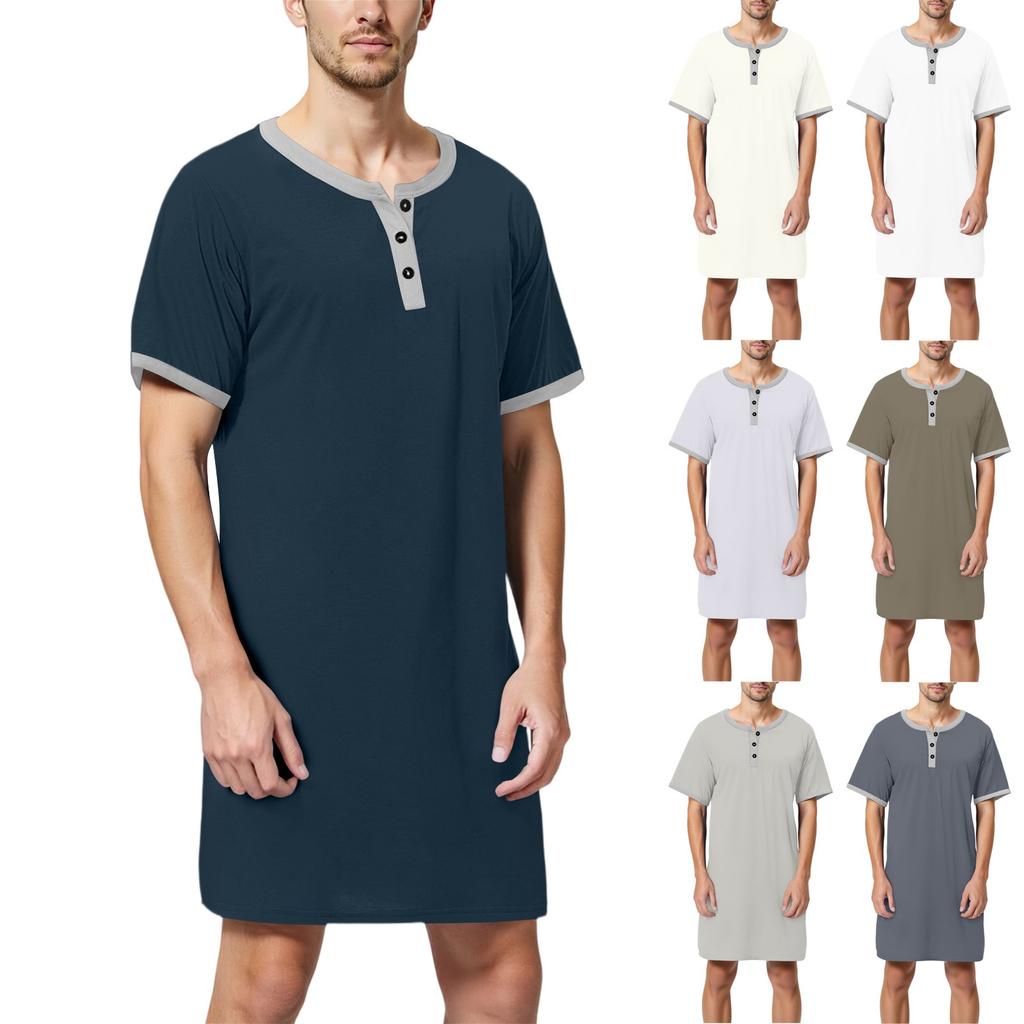 Men's Solid Color Cotton Short-sleeved Pajamas Button-down Collar Long Loose Pajamas Home Clothes