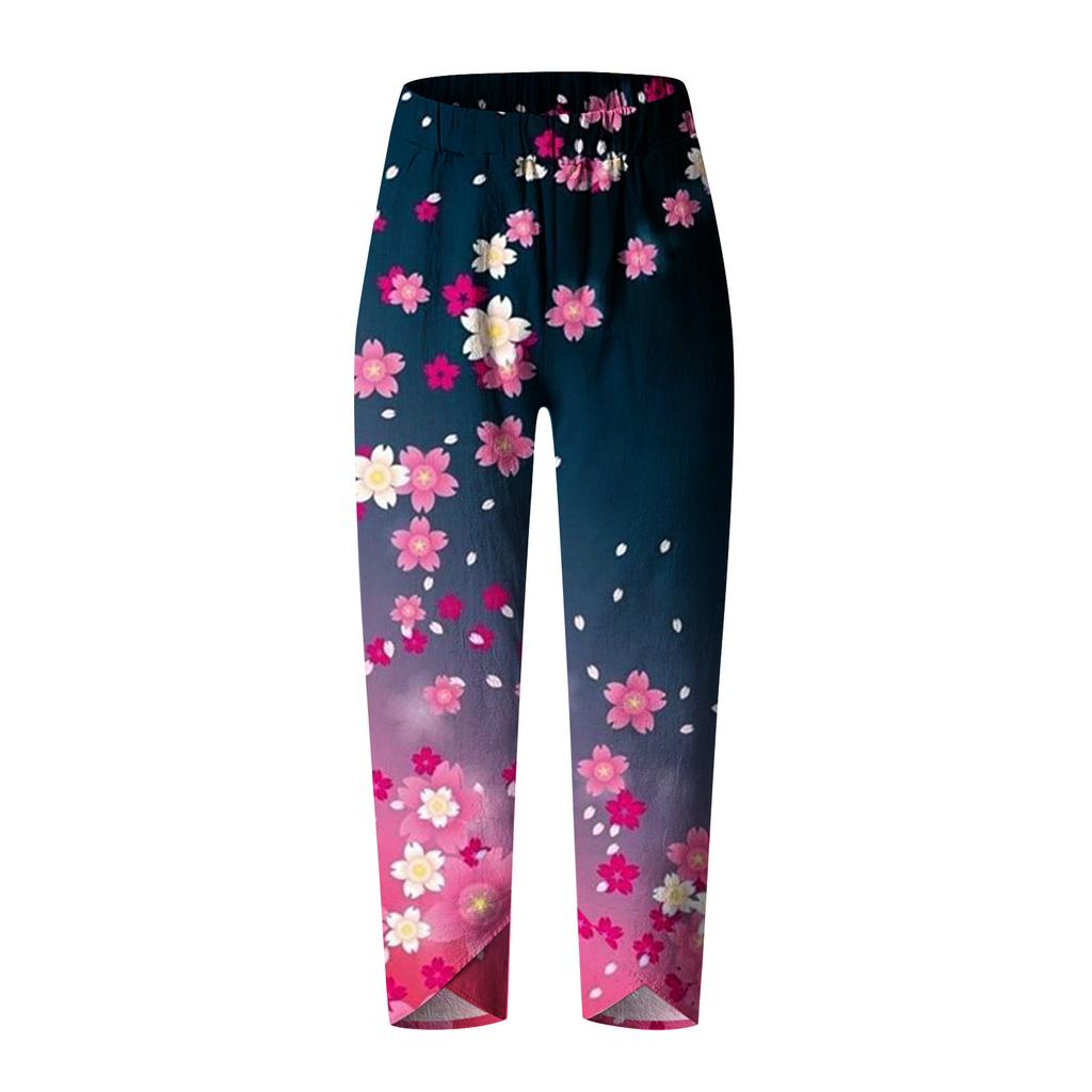 Женская мода Летние повседневные свободные карманные прямые брюки с принтом Брюки