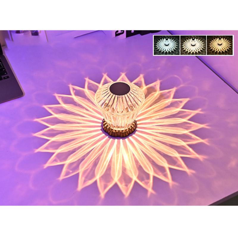 Led Crystal Table Lamp Lotus Light Projector Charging Colorful Romantic Diamond Atmosphere Night