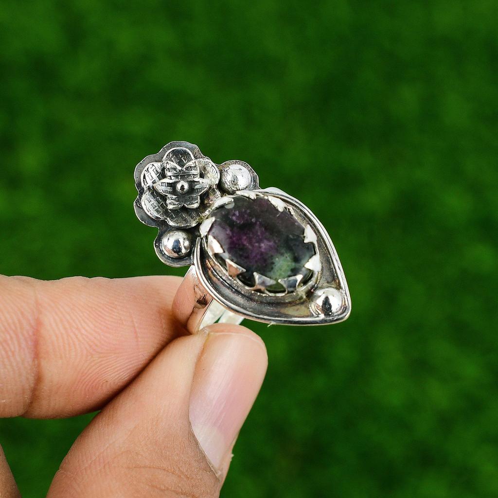 Подарок для нее Кольцо с натуральным рубином, цоизитом и мультикамнем в виде цветка, регулируемое, серебро 925 пробы