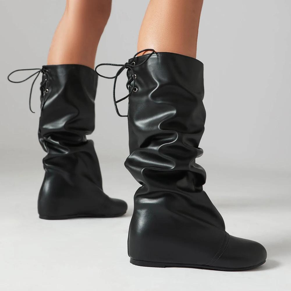 Fashion Autumn Winter Women Mid Calf Boots Casual Slip on Lace up Long Boots Flats Fashion Pleated Round Toe Black Elegant Botas Female