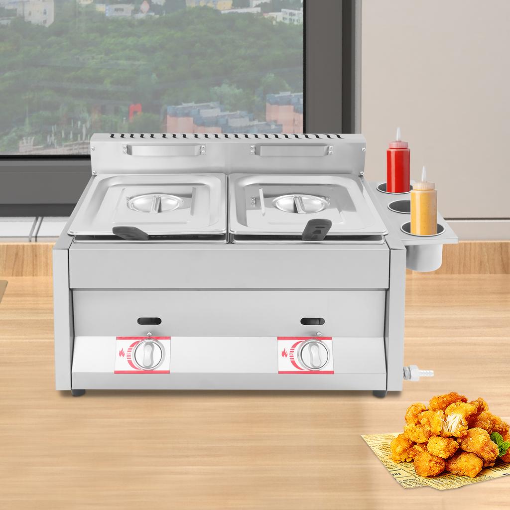 Газовая фритюрница 6 л с корзиной и крышкой из нержавеющей стали Коммерческая двухсекционная фритюрница 50-380°C Используется для жарки картофеля фри, курицы