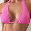 1011 new solid color ribbed triangle cup split swimsuit for women, fluorescent rose red neck strap sexy bikini