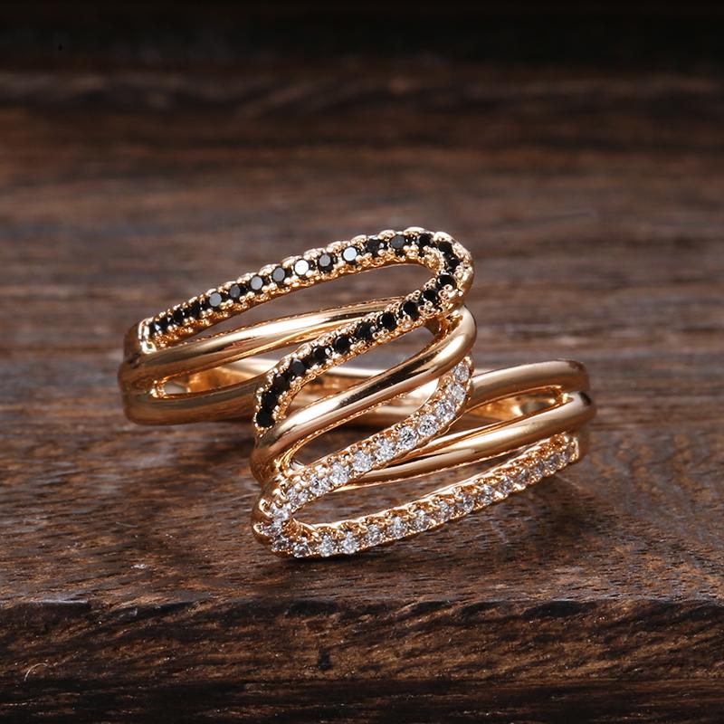 New  Rose Gold Twist Finger Rings For Women Micro Paved Black&White Natural Zircon Ring Ethnic Bride Wedding Jewelry