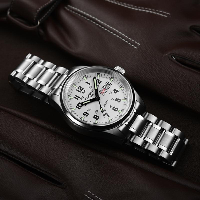 Carnival Brand Fashion Watch for Men Luxury Solid Stainless Steel Luminous Calendar Quartz Wristwatches Waterproof Montre Homme
