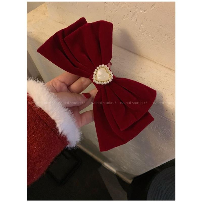 Cat Eye Heart Bow Velvet Hair Clip Women Retro Wine Red French Elegant Pearl Back Head Hair Accessories