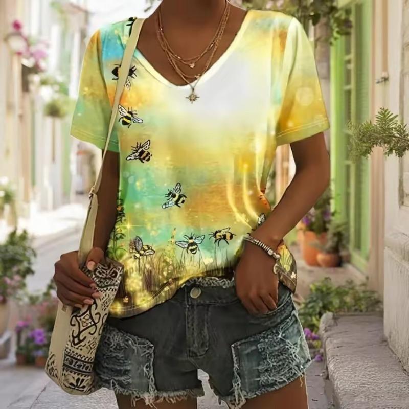 V-neck T-shirt Daily Fashion Tops Women's Short Sleeve Floral Printed Patterns Plus Size Loose Women's Clothing Outdoor T-Shirt