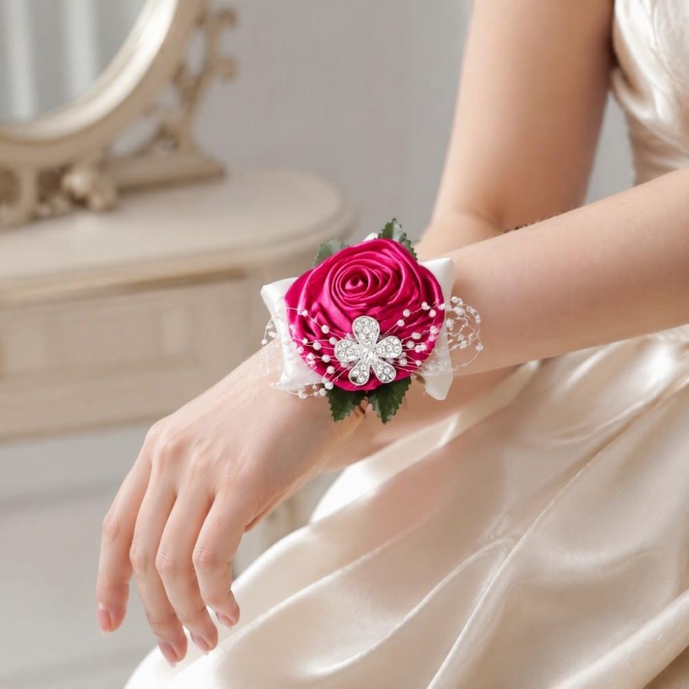 2pcs Diamond Rose Wrist Corsage Pearl Rhinestone Bridal Wrist Flower For Wedding