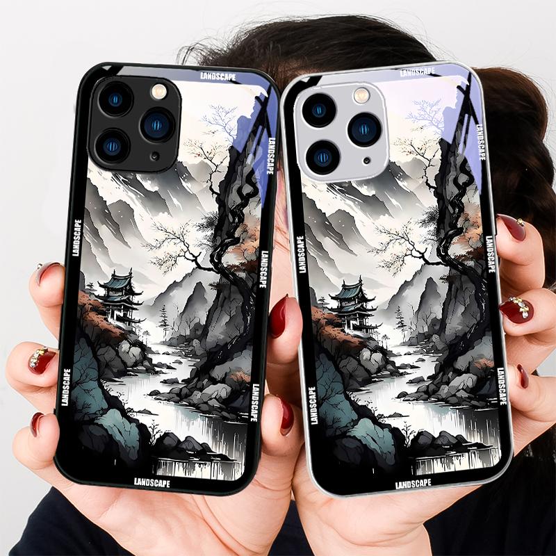 Китайская пейзажная живопись для iPhone 16 Plus 15 14 13 12 Mini 11 Pro Max X XS XR 7 8 Plus 2022 Закаленное стекло Чехол для телефона