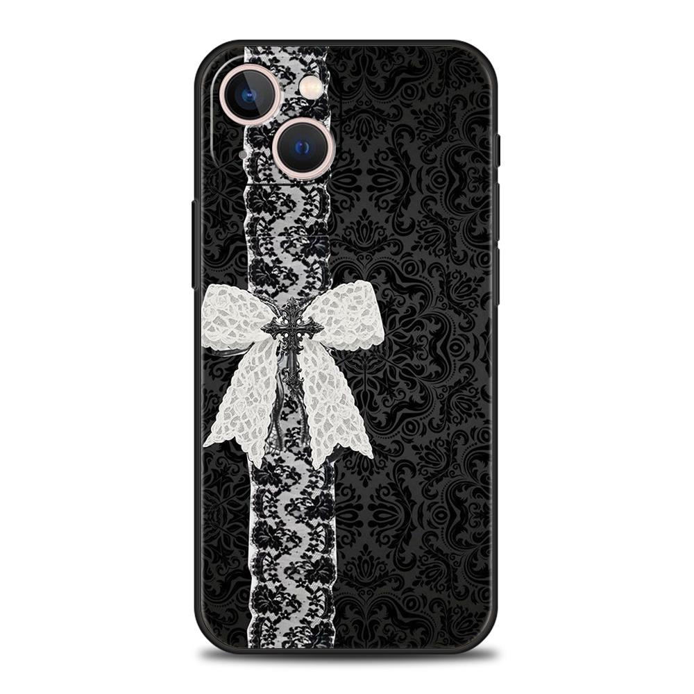 Чехол для телефона Cover для iPhone 17 16 15 14 13 12 Pro Max 11 Pro Max 17AIR Plus Ударопрочный Мягкий ТПУ Черный Бантик Искусственный Жемчуг Расписной