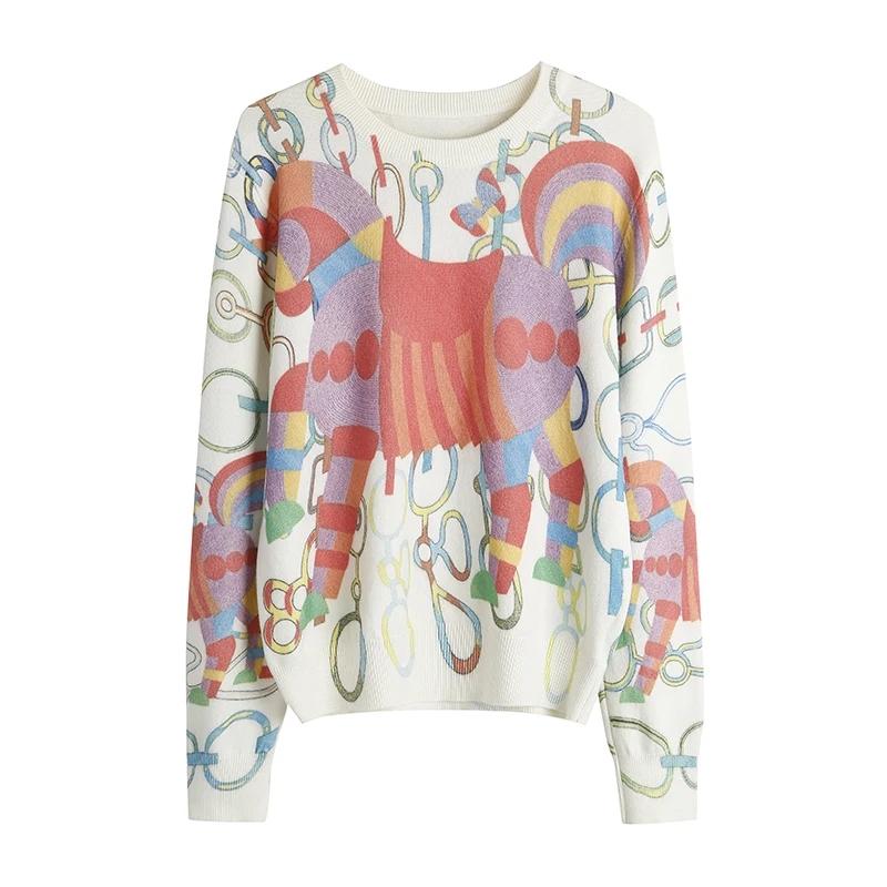 Винтажный женский свитер, пуловер с круглым вырезом, модный красочный вязаный топ с принтом пони, теплая подкладка с длинными рукавами