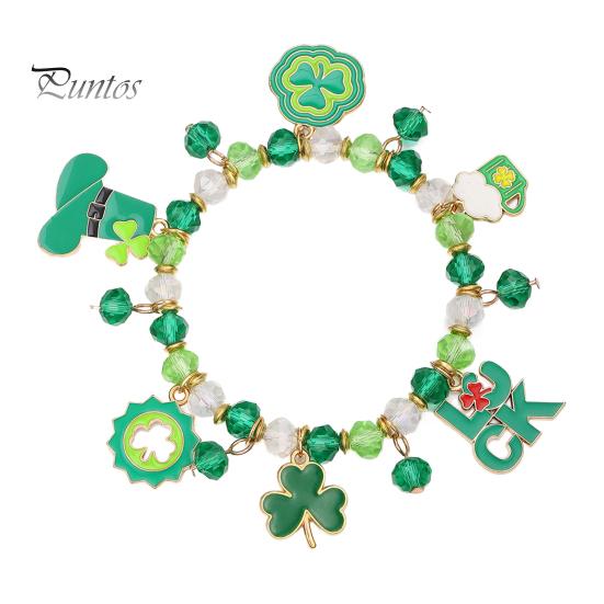 Браслет из клевера. День Святого Патрика Ирландские бисерные украшения со стеклянными бусинами и подвесками Браслет-талисман на удачу для праздничных торжеств Эластичный клевер