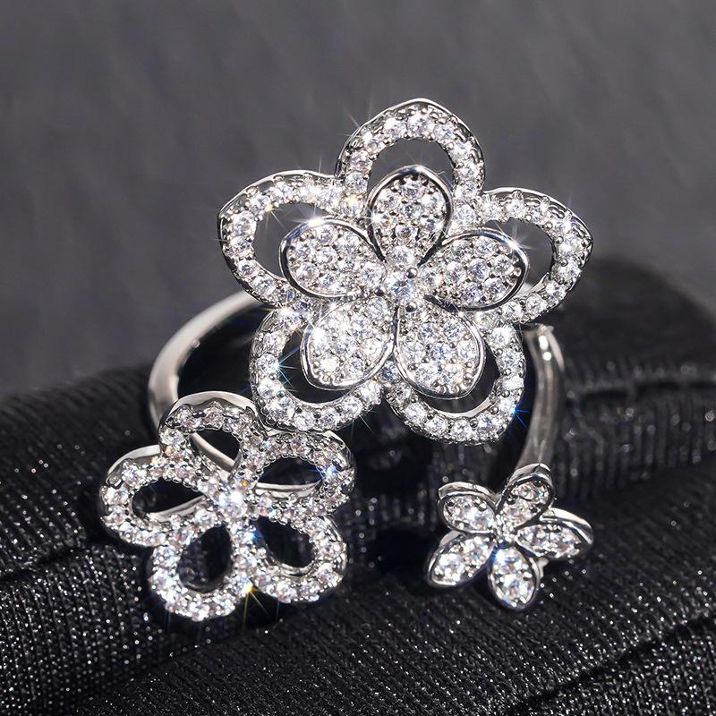 Floral shiny open ring female, three inlaid zircon lady accessories new lily ring