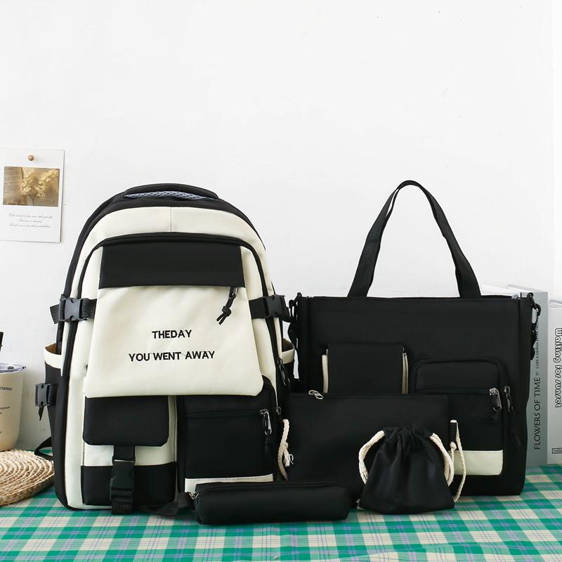 Five-Piece Backpack Set Color Block Schoolbag Women's Lightweight Backpack Large Capacity Travel Backpack for Students