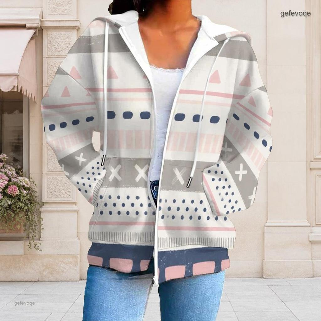 Women Plus Size Zip Up Hoodie Long Sleeve Abstract Printed Hooded Sweatshirt With Pockets