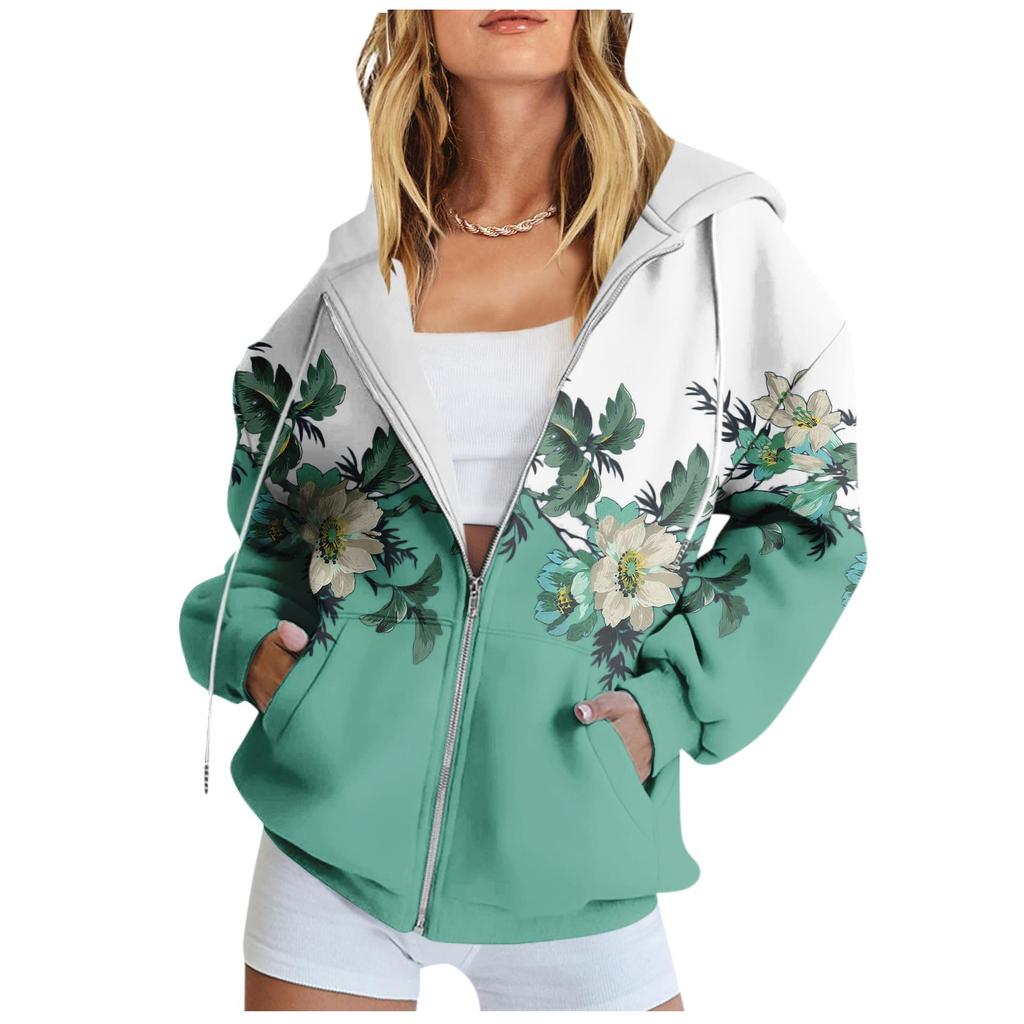 Women's Long Sleeve Floral Print Sweatshirt Long Sleeve Pocket Jacket Zipper Hoodie Coat