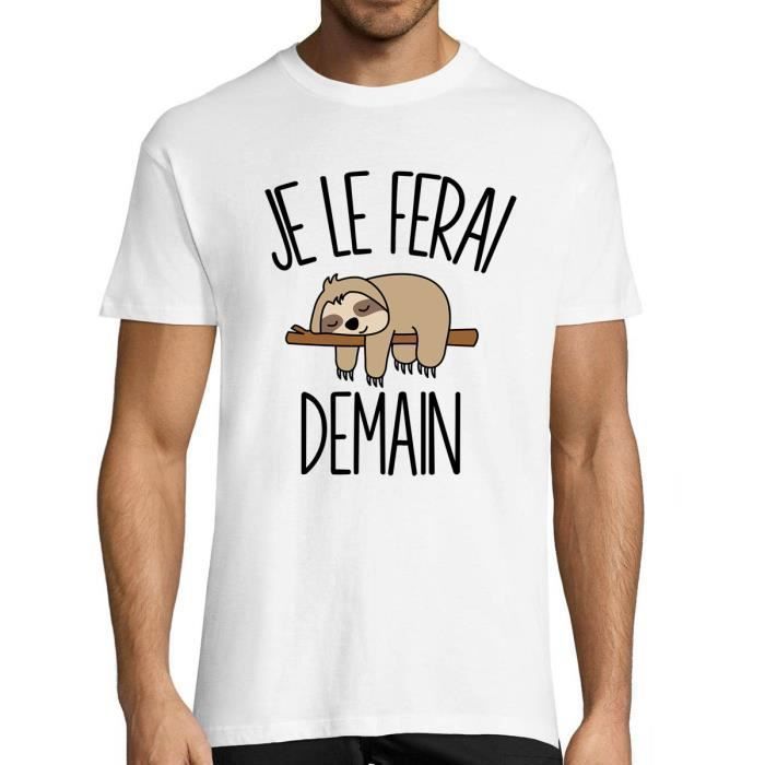 T-shirt Homme - Paresseux Sid - Col Rond - Manches Courtes - Coton Blanc