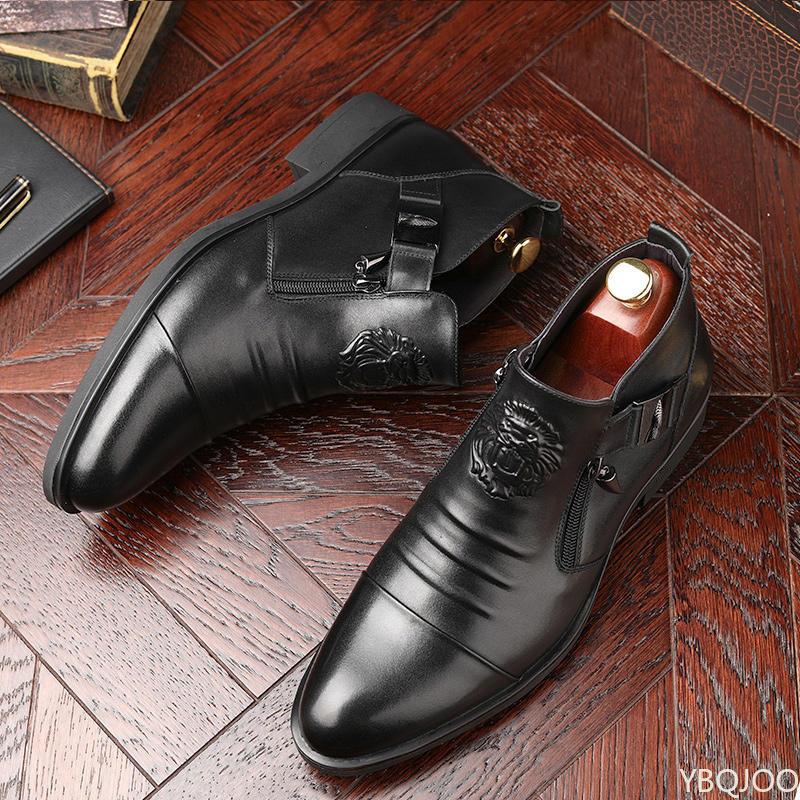 Winter Men'S Elegant Boots Ankle Non Slip Leather Shoes British Zip Black Knight Boots Pointed Punk Platform Male Booties Botas