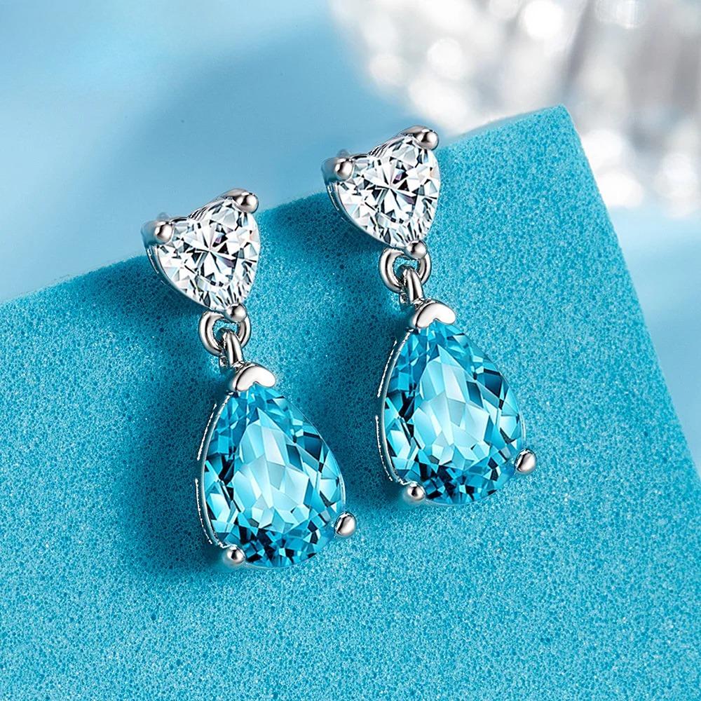 Sterling Silver Blue Jewelry Set for Women - Heart CZ Teardrop Crystal Pendant Necklace Drop Earrings Wedding Jewelry Gift