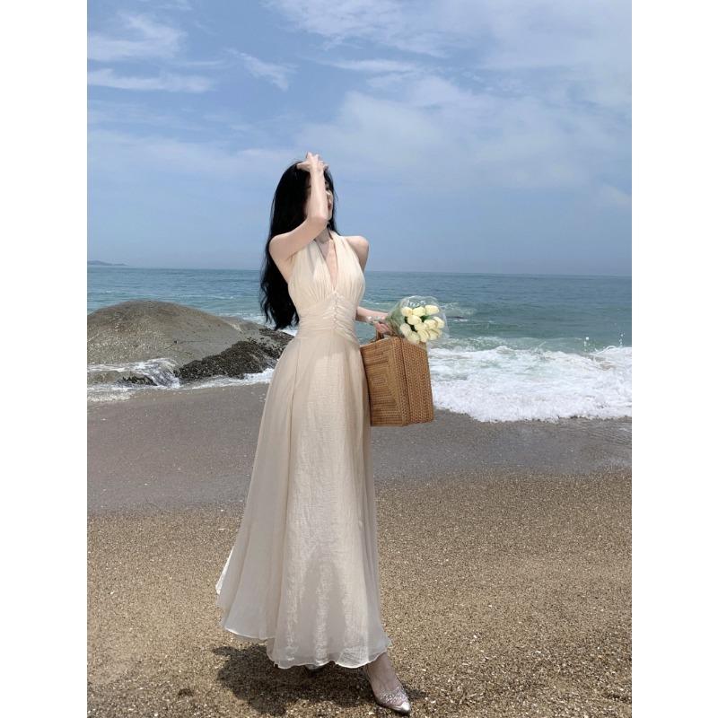 Women's Summer Sleeveless Hanging Neck Gentle Temperament Waist Long Dresses