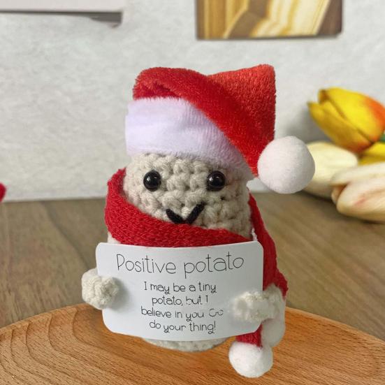 Positive Christmas Crochet Doll with Encouraging Card Emotional Support Handmade Knitting Santa Hat Potato Pickle Decoration Ornament Stress