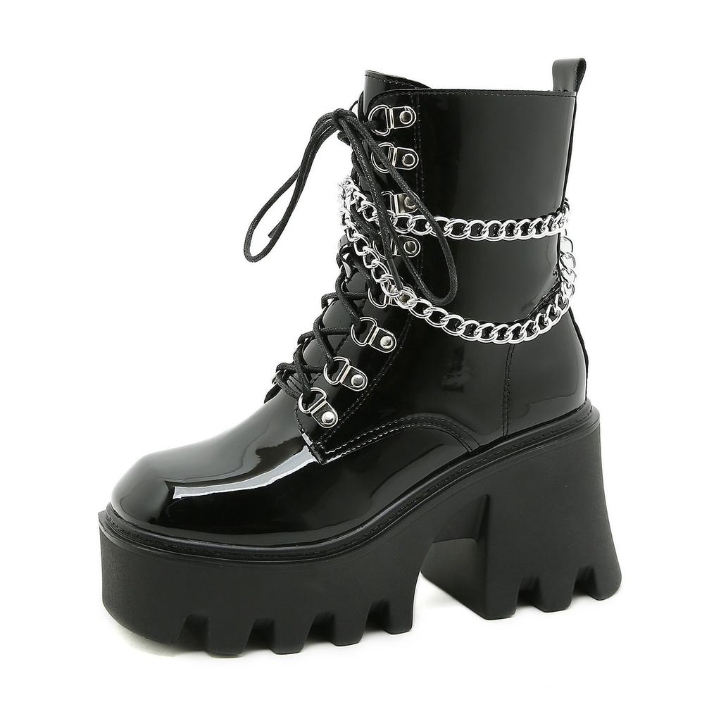Черные готические женские туфли, осенние женские ботильоны на высоком каблуке, сексуальные лакированные кожаные сапоги в стиле панк с цепочкой для вечеринки Zipperrd5