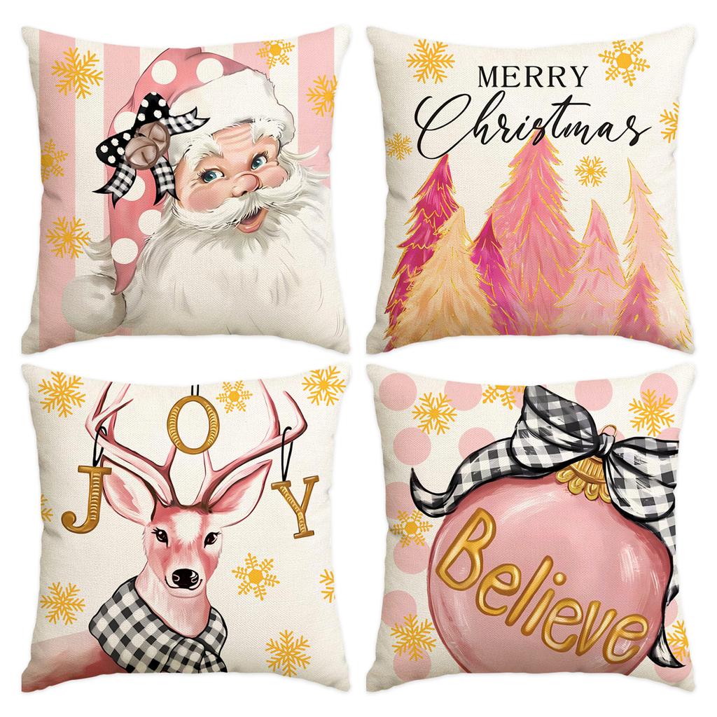 1 \ 4Pcs Gray Christmas Snowman, Christmas Reindeer Print Pillow Cover, Home Sofa Decoration Cushion Cover (Without Pillow Core)