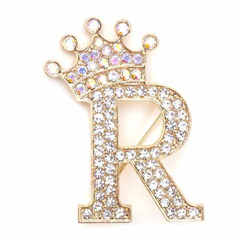 Fashion Crown 26 Initial Letters A To Z Crystal Rhinestone Brooch Pins Women