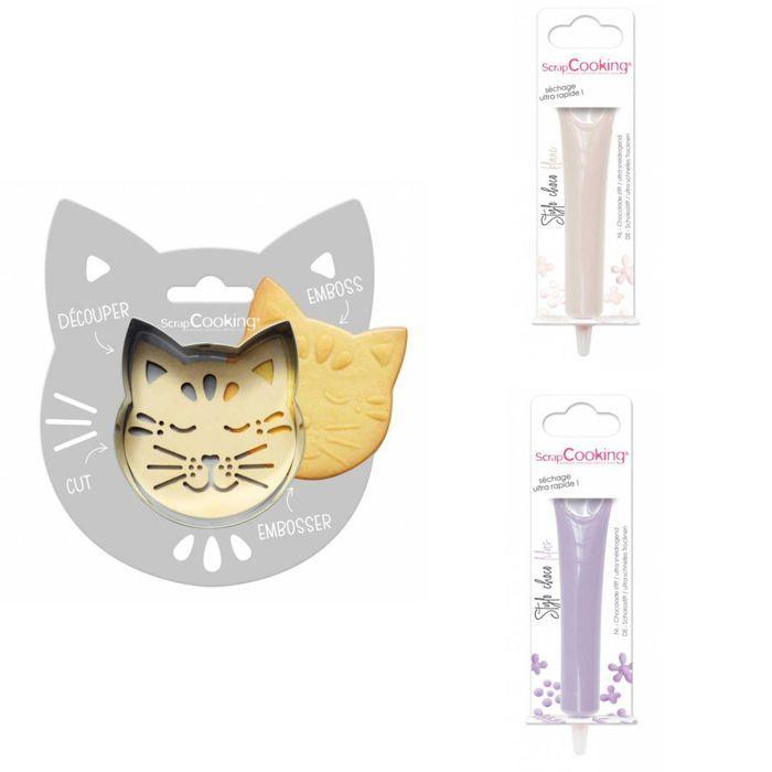 Cat Embossed Biscuit Kit + 2 White Chocolate and Lilac Pens