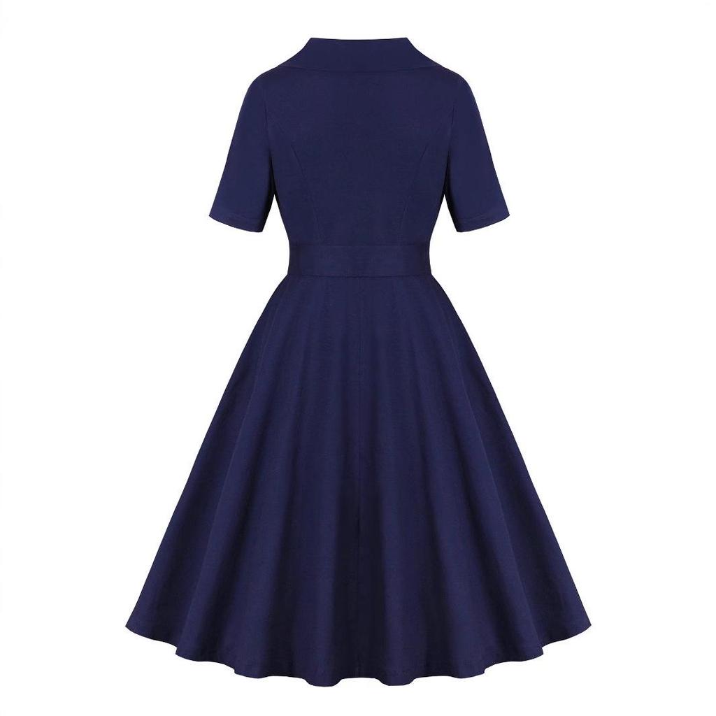 Европейское и американское женское ретро-платье с рукавом средней длины, отложным воротником, однотонное, с карманами
