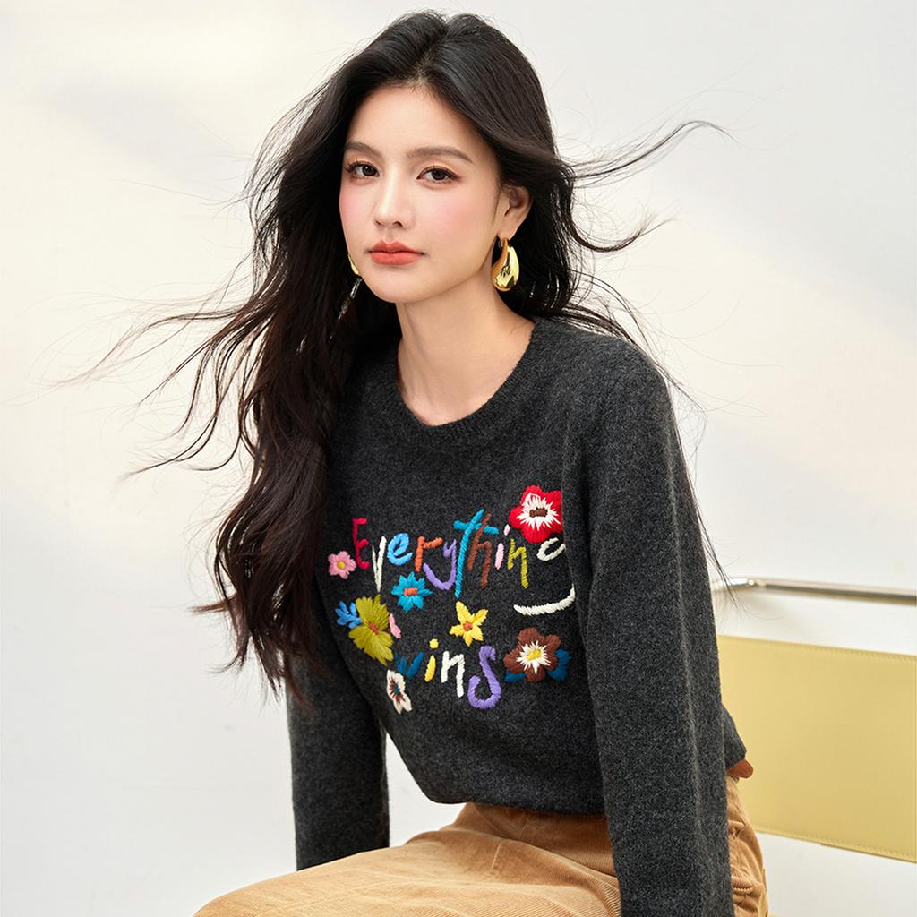 Dimanaf 2025 Women Sweaters Knitting Basic Embroidered Flowers Grey O-Neck Style Loose Pullover Sweater