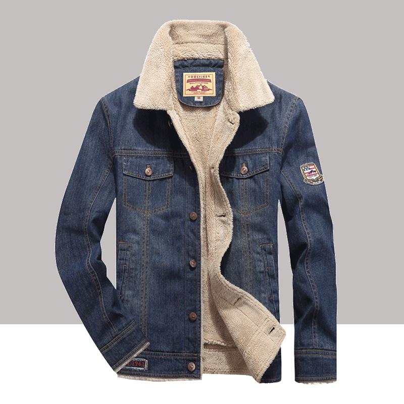 Winter Plush Thick Casual Jacket Men's Lamb Wool Denim Jacket Workwear Denim Cotton Jacket
