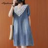 Korean Style Summer Women Blue Denim Dress V Neck Lace Patchwork Casual Loose Dress Short Sleeve Thin Blue Denim Dresses
