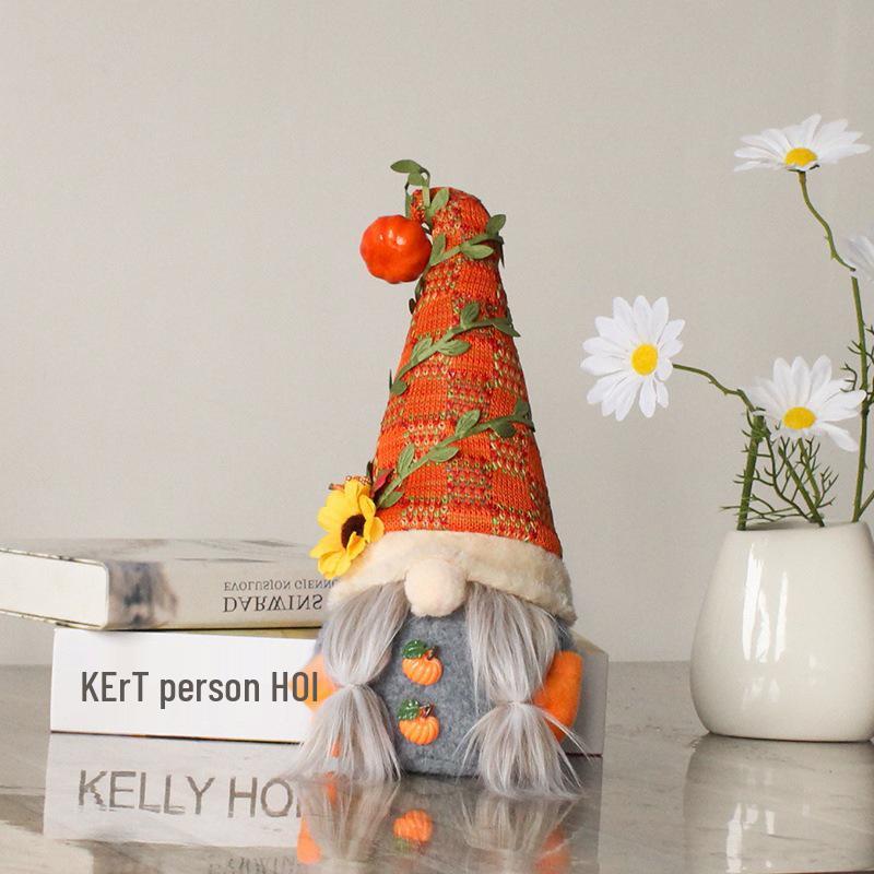 Pumpkin Sunflower Gnome Figurine - No-face Elf Ornament for Harvest Festival Window Display