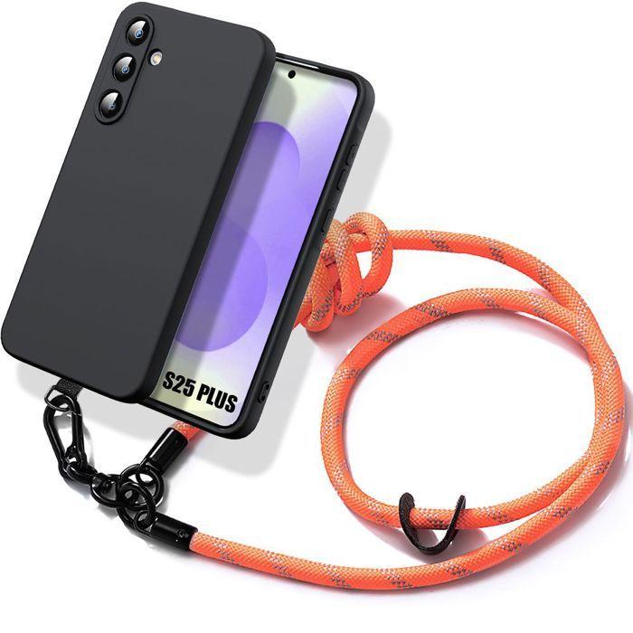 Coque pour Samsung Galaxy S25 Plus (S25+) Silicone Antichoc Noir avec Cordon Détachable Orange