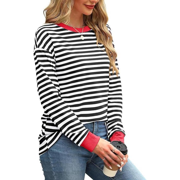 Женская нижняя рубашка осень-зима новая мода контрастного цвета свободный круглый вырез полосатый топ с длинными рукавами